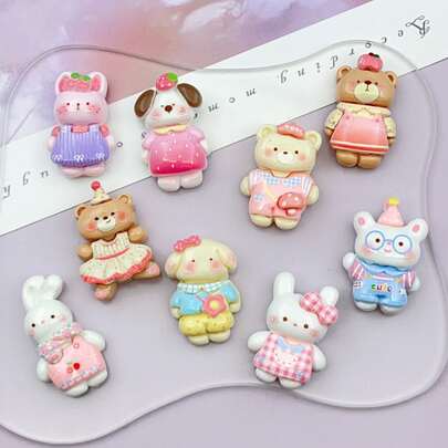 10pcs Mixed Cute Rabbit & Bear Series DIY Decor, Earrings, Hair Accessories, Resin Stickers, Stationery, Phone Cases, Keychains, Hollow Out Clogs Charms, Decorative Stickers