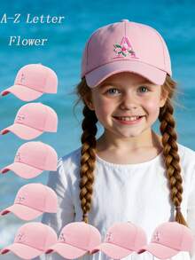 Children's Flower Letter Embroidered Adjustable Baseball Cap Casual Peaked Sun Hat For Kids, Teens & Youth 3-16 Years Old - Baby Pink - View 1