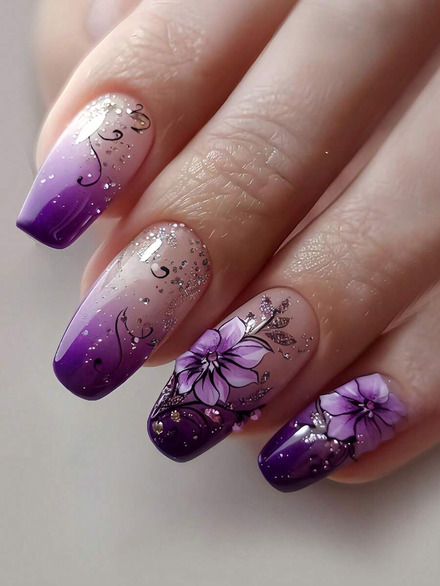 24pcs Elegant Purple Ombre Flower, Glitter, Vine & Lily Nail Art False Nails Set, Includes 1 Sheet Of Stickers And 1 Mini Nail File, Suitable For Women And Girls, Random Delivery - Purple - View 1