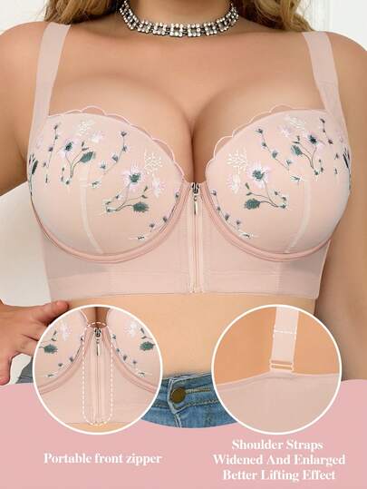 mimilemon 大码花卉刺绣前拉链聚拢文胸 - 透气舒适，宽肩带提升胸型