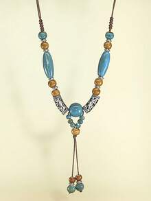 1pc Handmade Ceramic Beaded Necklace, Adjustable Length, Bohemian Style For Women - Multicolor - View 7
