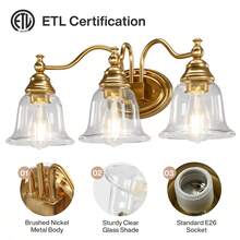 LITTLE TREE 3-Light Bathroom Light Fixtures, Modern Vanity Light With Clear Glass Shade, Bathroom Wall Lamp For Mirror Living Room Kitchen Hallway Porch, E26 Base, Bulbs Not Included (Gold) - vàng - Xem 7