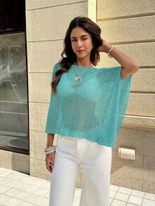 FOR BEAUTY Women's Summer New Knit Top, Casual Style, Light Green Solid Color Loose Shoulder Cover, Bohemian Style, Suitable For Beach And Vacation - Mint Green - View 7