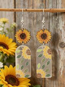 Retro Countryside Style Sunflower Wooden Earrings, Transparent Acrylic Printed Bohemian Long Earrings - Multicolor - View 1