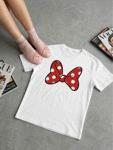 Red Polka Dot Bowknot Print Design Women's Summer Casual Loose Soft 100% Cotton Crew Neck Short Sleeve T-Shirt,Valentine Outfits For Women,Vacation Outfits Women - 白色 - 查看 4