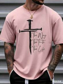 Men's Christian Faith Graphic T-Shirt - The Way The Truth The Life Cross Design, % Cotton Breathable Regular Short Sleeve T-Shirt, Suitable For Spring Summer Casual And Outdoor Wear, Religious Theme Clothing, Casual Wear Bold Graphic T-Shirt Comfortable Style, Christian T-Shirt - Unisex Plus Size Top - 粉色 - 查看 1
