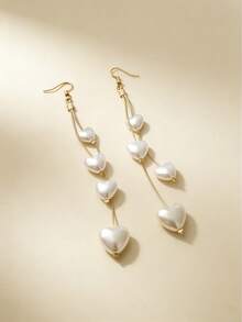 1 Pair Women's Romantic Heart & Faux Pearl Earrings, European And American Style Long Tassel Earrings, Unique Ear Clips - Yellow Gold - View 4