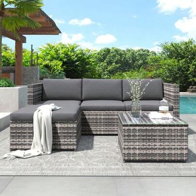 Polyrattan Lounge Sofa Set, Lounge Garden Furniture, Corner Sofa, Sofa Set With Seat And Back Cushions, Lounge Table With Glass Top, Grey