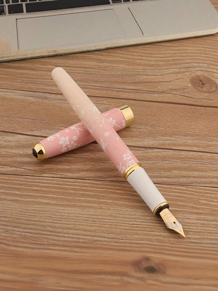 1 pieza Pluma fuente de metal con diseño de flor de cerezo rosa, artículos de oficina, útiles escolares, herramienta de escritura, de vuelta a la escuela - Multicolor - Ver 1