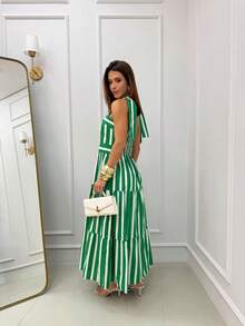 15 Striped All-Over Print Ruched Fabric Ruffle Hem Wedding Dresses - Green - View 4