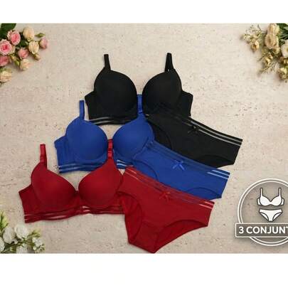 RITA SENSUAL 3 Conjuntos de lenceria de 2 piezas cada uno, BRST6060 Variedad de Colores y Tallas para Tu Comodidad y Estilo, copa A, B, C.