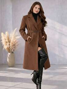 Women's Elegant Luxury La Batida Overcoat With Waist Belt, Autumn/Winter Style, For Women, Cold Weather Clothing, Brown, Black, Beige - 鏽棕色 - 查看 1