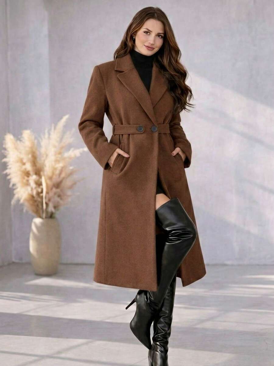 Women's Elegant Luxury La Batida Overcoat With Waist Belt, Autumn/Winter Style, For Women, Cold Weather Clothing, Brown, Black, Beige - 鏽棕色 - 查看 1