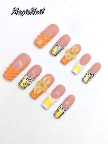 10片纯手工压制美甲贴片，33mm长棺材形，肉粉色、黄色、白黄渐变色，立体凸起黄色花朵，手绘黑色线条，黑色斑点。可爱美甲贴片，春季美甲贴片。 - 彩色 - 查看 3