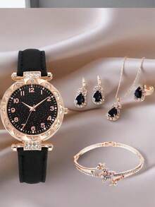 6件套女士奢华小众镶钻表盘石英表，PU皮表带手链首饰套装 - 數位 - 查看 1
