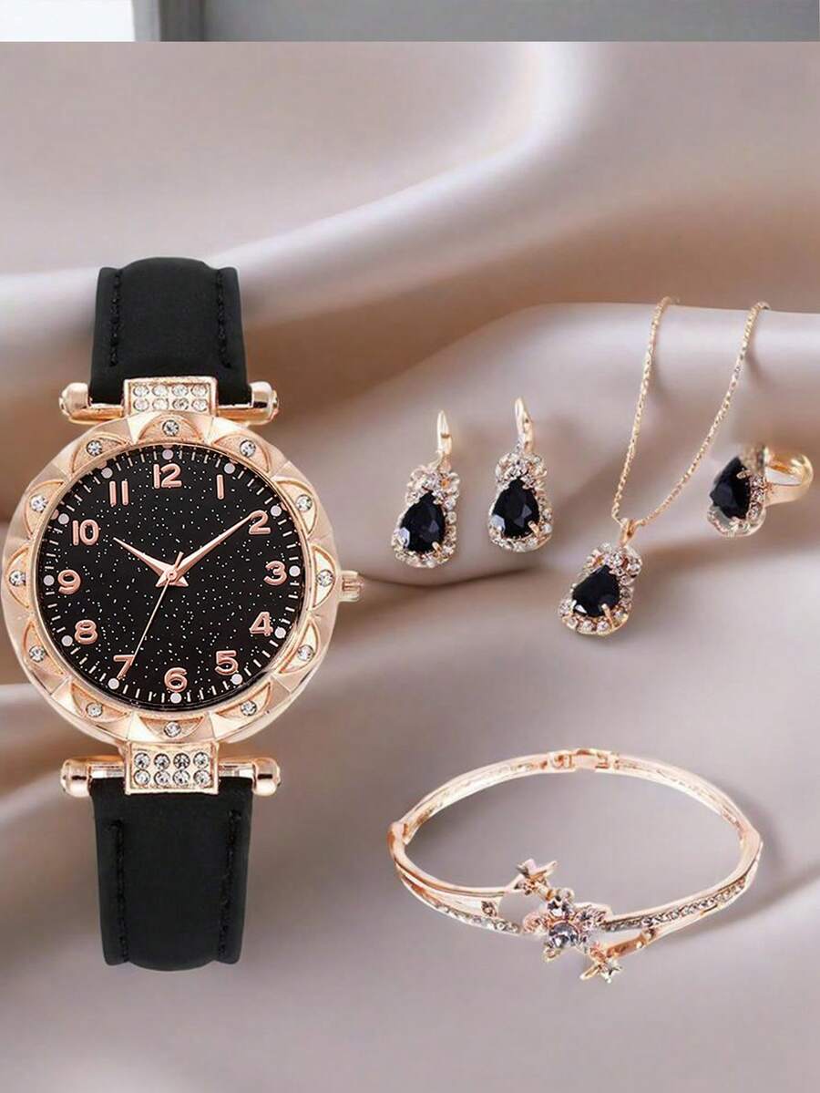 6件套女士奢华小众镶钻表盘石英表，PU皮表带手链首饰套装 - 數位 - 查看 1