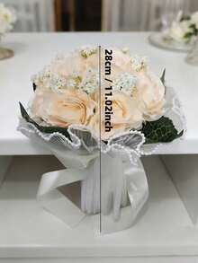 1 Peça Buquê de Rosas Artificiais de Champanhe - Flor Elegante para Noiva com Detalhes em Renda e Pérolas - Champanhe - Visão 5