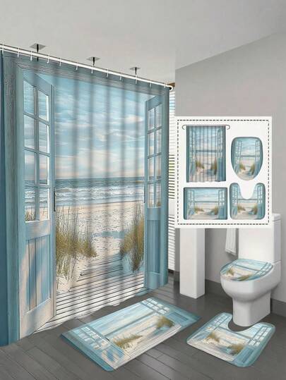 1/4件套蓝色沙滩谷仓门图案浴帘，乡村海洋海岸风景装饰浴帘，复古蓝绿色木纹防水浴室浴帘套装，防水涤纶浴帘，防滑浴垫，U型地毯，带12个挂钩的马桶盖 - 现代风格，适用于家居装饰、浴室装饰及配件，易于清洁和维护，优雅的乔迁礼物 - 四季皆宜