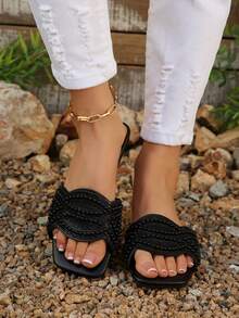 Sandal đế bằng mũi vuông đính pha lê kiểu Pháp mới năm 2025, thanh lịch, phù hợp với váy, mùa xuân/hè/thu. - màu đen - Xem 3