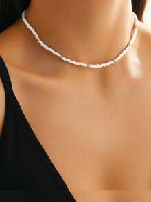 1pc Women's Fashion Versatile Minimalist Rice Bead Circle Necklace, Luxury Niche Choker Clavicle Chain Necklace - Multicolor - View 3