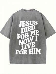 1 Piece 230G Retro T-Shirt For Unisex, JESUS DIED FOR ME NOW I LIVE FOR HIM Print Oversized Cotton Solid Drop Shoulder T Shirts For Men Vintage Streetwear Basic Tees Baggy Hip Hop Unisex Tops Acid Wash T ShirtRound Neck Loose Fit T-Shirt - 灰色 - 查看 2