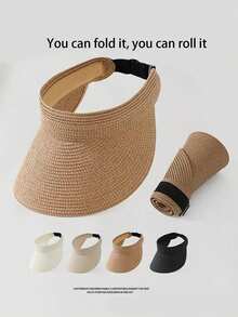 1pc Fashion Straw Sun Visors For Women Wide Brim Hats Roll-Up Foldable Summer Beach Visor Hat - 彩色 - 查看 9