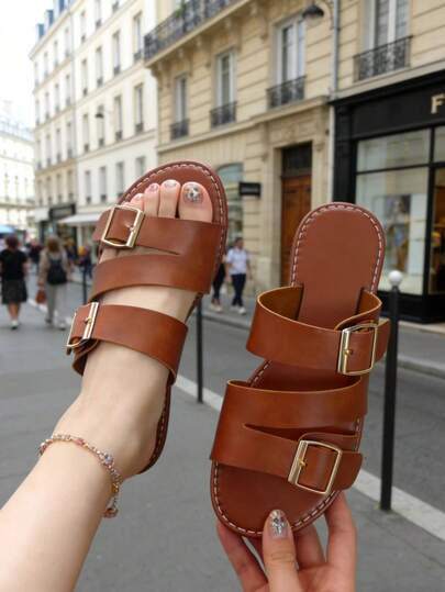 Sandalias de mujer con doble hebilla ajustable y punta abierta, diseño minimalista retro adecuado para la playa, paseos de fin de semana y salidas a la ciudad, combina bien con pantalones de pierna ancha y faldas de largo medio para realzar el estilo casual chic