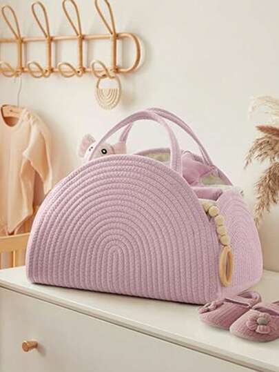 1个极简主义尿布篮，手工编织分隔收纳手提袋，婴儿房尿布整理篮，玩具收纳篮