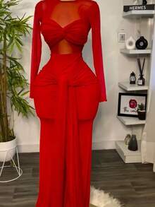 Women's Clothing 2026 Early Spring New Solid Color Long-Sleeved Round-Neck Chest Wrap Tight Temperament Long Dress - 紅色 - 查看 3