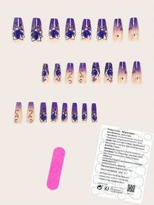 24pcs Elegant Purple Ombre Flower, Glitter, Vine & Lily Nail Art False Nails Set, Includes 1 Sheet Of Stickers And 1 Mini Nail File, Suitable For Women And Girls, Random Delivery - Purple - View 2