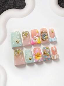 10pcs Dreamy Ocean Fairy Tale Style Nail Art Set, Acrylic Nail Stickers, Handmade 5-Petal Gradient Pink Flower Nail Decorations, Gold Seashells, Starfish, Scallops, White/Pink/Yellow 5-Petal Camellia, Hand-Painted Gold/Silver Beach, Blue Zebra Print, Brown Seashell Texture Decor, Solid Blue Wave Pattern Press On Nails - 彩色 - 查看 2