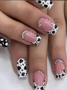 24pcs European And American Minimalist Black & White Cow Print Short Square False Nails, Decorated With Various Rhinestones, Suitable For Spring & Summer Wear, Suitable For Daily Life, Work, Comes With Gel And Nail File, Manicure Supplies - Black and White - View 12