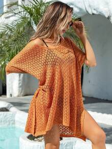 Áo khoác ngoài bikini đi biển mùa hè gợi cảm, khoét lỗ, hơi xuyên thấu dành cho nữ cỡ lớn. - trái cam - Xem 5