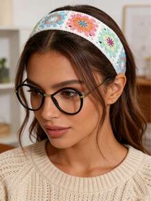 1 pieza Diadema de ganchillo hueca con flor y elástico, accesorio de fotografía para mujer, diadema de ganchillo con flor para protección solar, regalo del Día de la Madre, accesorios de verano para el cabello, bandana de playa para mujer - Multicolor - Ver 3