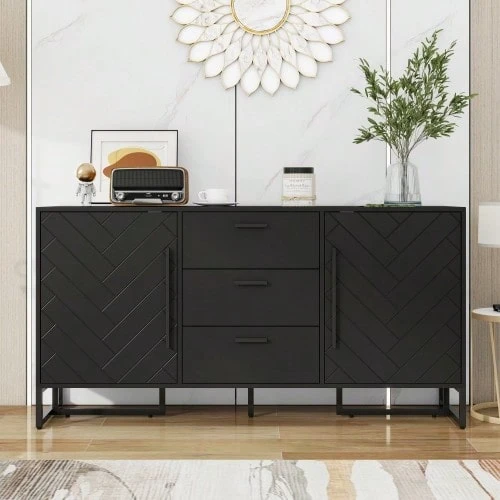 Elegant Sideboards With Fish Gräten Muster, With 2 Towers And 3 Shelves For Kitchens, Kitchens And Kitchens - Black + MDF - View 1