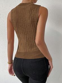 Women's Summer Embossed Knit Camisole Top, Brown, Sleeveless Mock Neck Slim Fit Elegant Casual Wear For Commuting, Dating, Work, Weddings, Workplace, Holidays - Coffee Brown - View 2