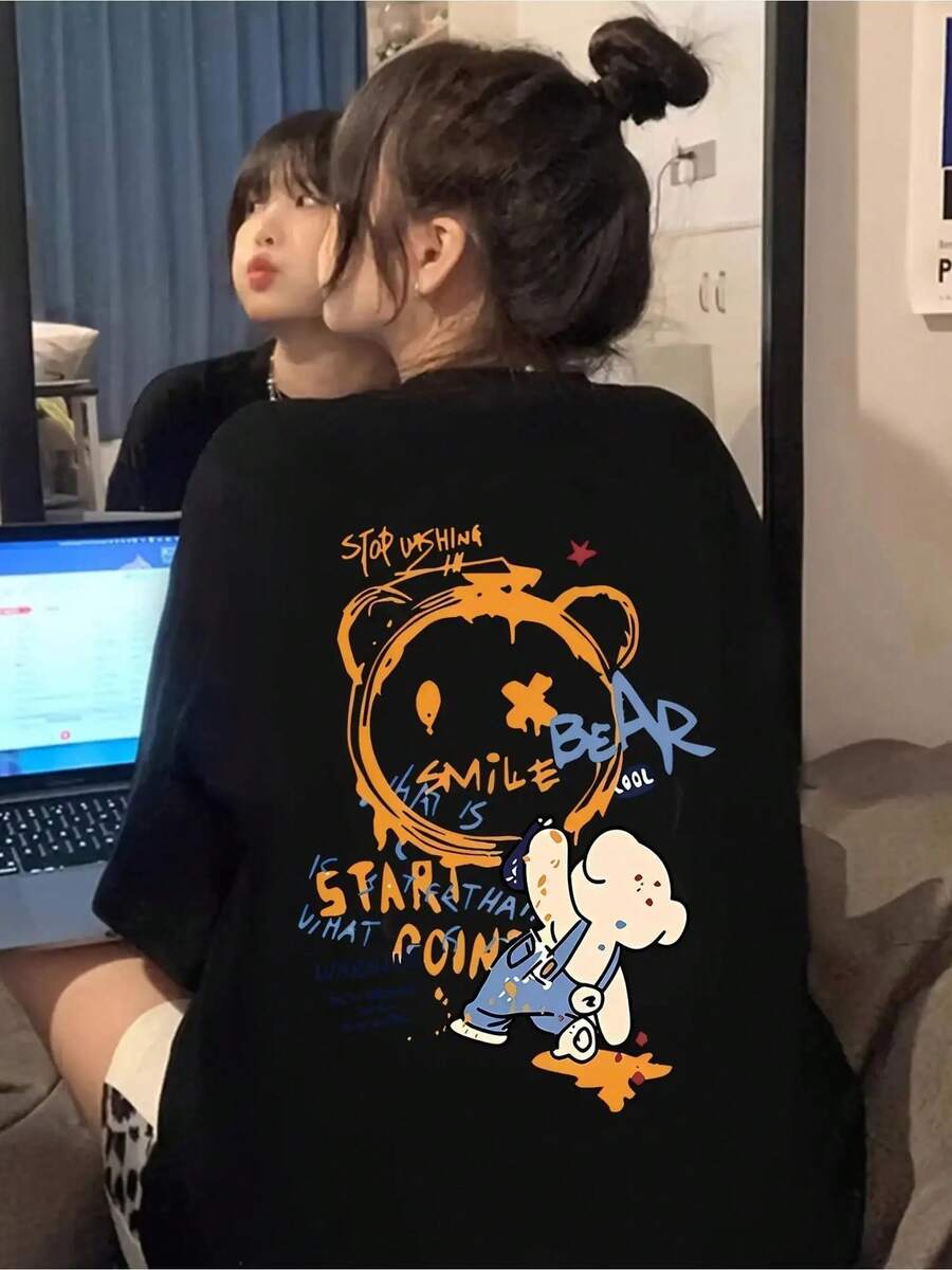 Women's - K Cartoon Bear Print T-Shirt, Inspirational Quartz Design, Pure Cotton Short Sleeve Black Casual Top, Summer Casual Wear, Stylish Design, Comfortable Fit, Cute T-Shirt, Summer Clothes, Short Sleeve, Spring Clothes - Black - View 1
