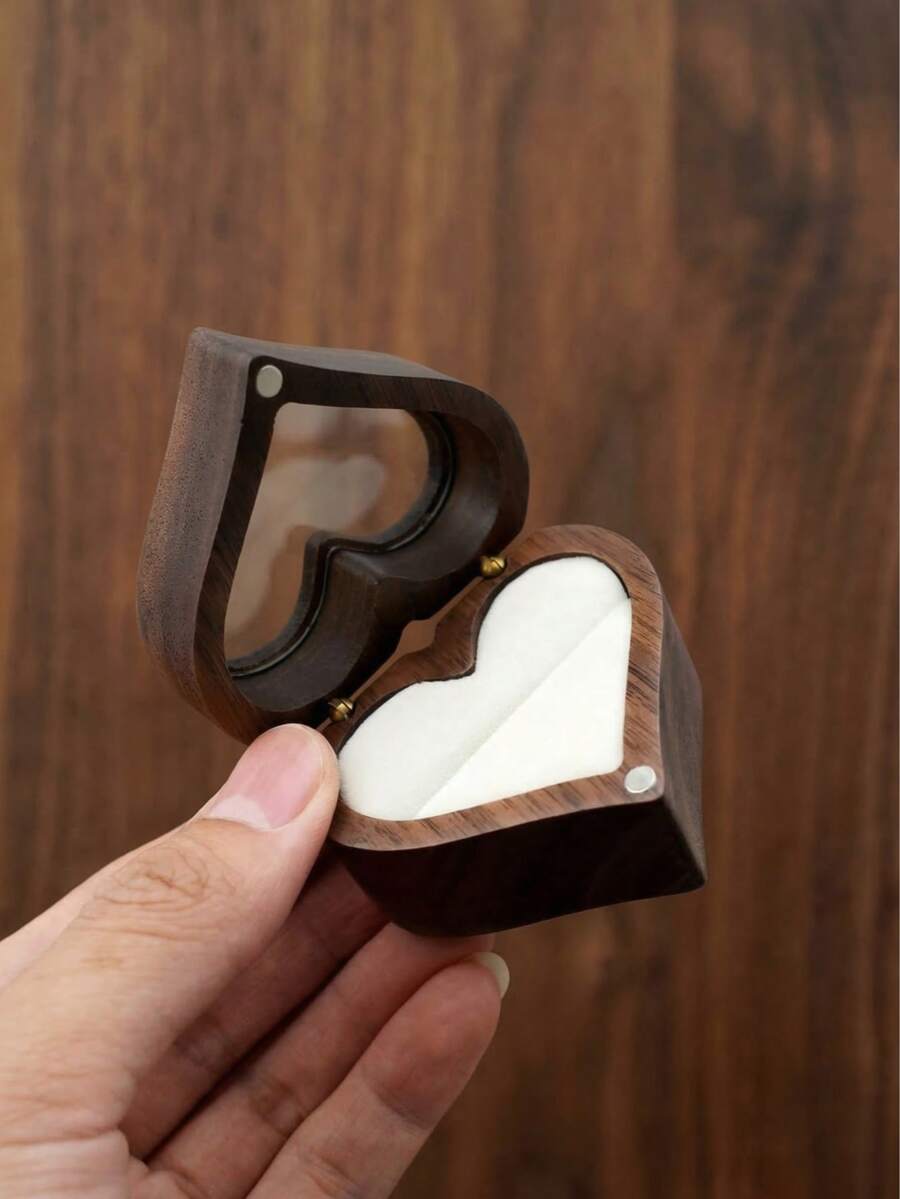 Hộp đựng trang sức bằng gỗ hình trái tim 2 ngăn, có nắp trong suốt, có thể cá nhân hóa, thích hợp làm quà cầu hôn, đính hôn, cưới, kỷ niệm. - màu nâu - Xem 1