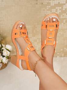 Sandal Wedges Platform Gesper Warna Solid Retro Wanita Ukuran Besar, Sepatu Pantai, Sepatu Musim Panas - Jeruk - View 2