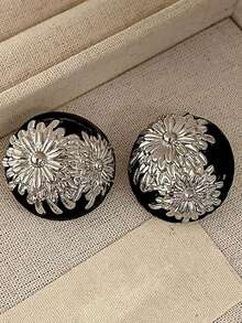 1對復古菊花耳釘 - 琺瑯圓盤耳環配3D花卉浮雕，優雅亮眼飾品，適合派對、辦公室日常配戴 - 耳環 - 查看 7