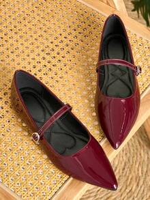 HFSHUNXY SunsoleShoes 2026 優雅秋冬女款瑪麗珍尖頭平底鞋，酒紅色，舒適百搭，休閒套腳，單條扣帶，適合情人節、母親節及其他節日禮物，婚禮、派對、辦公室及多種風格搭配 - 酒紅色 - 查看 7