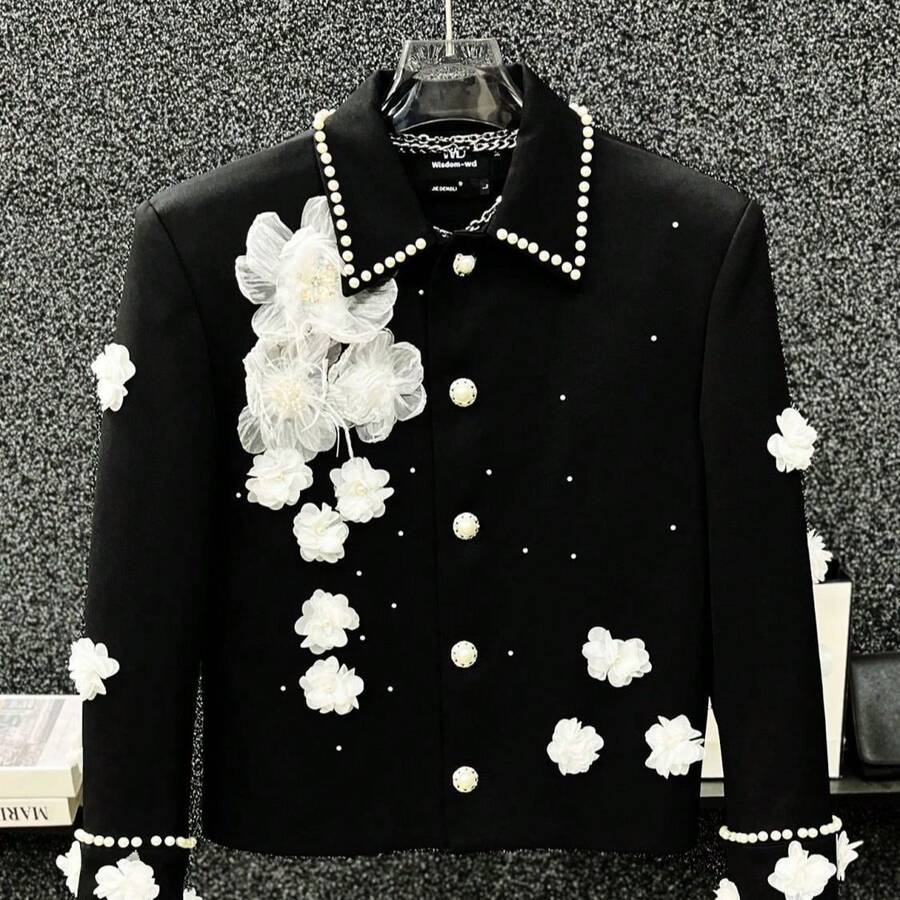New Style, Three-Dimensional Flowers, Embroidery, High-End Feel, Pearl, Nail Bead Design, Light Luxury, Fashion, Wedding, Banquet, Party, Suit, Men's Coat, Women's Suit - màu đen - Xem 1