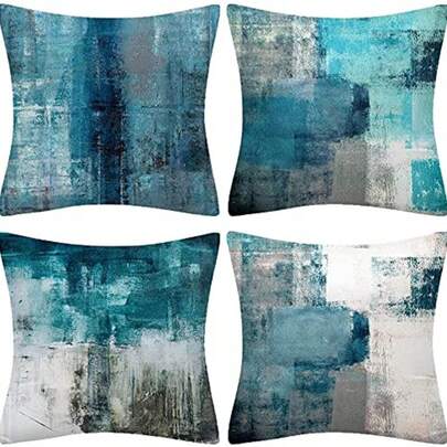 4pcs Throw Pillow Cover, Blue-Green Abstract Art Modern Decorative Pillow Cover, Suitable For Living Room Sofa, Garden Outdoor Patio Decorative Pillow Cover