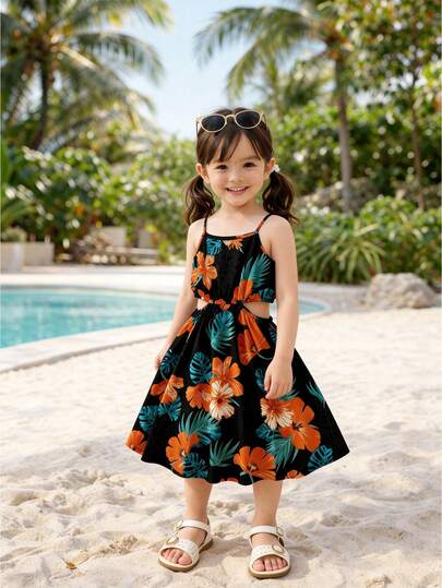 少女碎花镂空休闲派对外出吊带连衣裙，适合夏季穿着