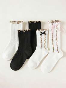 1 Pair Women's Mid-Calf Socks, Solid Color Minimalist Lace Trim Ankle Socks, Ruffle Edge Short Socks With Bow Design, Essential For Casual Daily Wear - Multicolor - View 8