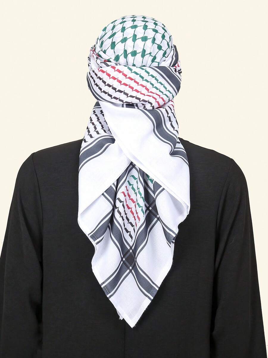 1pc Printed Alpha Head Scarf, Arabic Headscarf, Dubai Headwrap, Desert Handkerchief Shawl - Multicolor - View 1