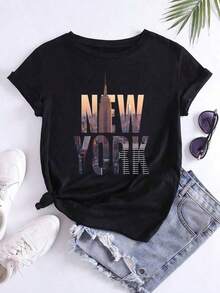 Women's T-Shirts, Crew Neck Short-Sleeve T-Shirts, Printed T-Shirts, Women's Solid Color Casual Tops, Suitable For Daily Wear.T-Shirts With Architectural And Letter Patterns, Women's Patterned T-Shirt Tops - Mặc định 1 - Xem 1