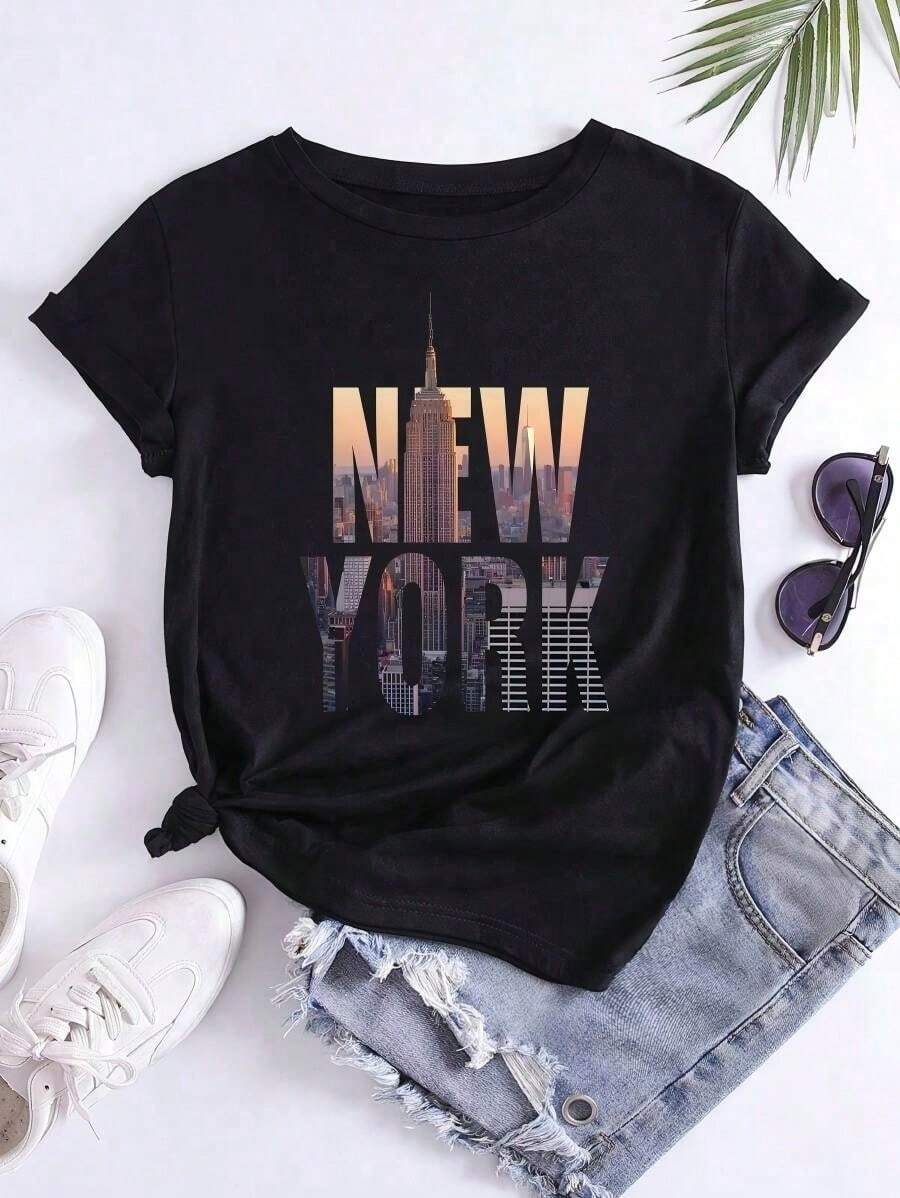 Women's T-Shirts, Crew Neck Short-Sleeve T-Shirts, Printed T-Shirts, Women's Solid Color Casual Tops, Suitable For Daily Wear.T-Shirts With Architectural And Letter Patterns, Women's Patterned T-Shirt Tops - Mặc định 1 - Xem 1