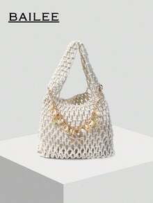 BAILEE 1 Set Polyester Crochet Mesh Bottom Multi-Color Solid Knitted Tote Bag, Quilted Pattern, Lightweight Portable Large Capacity Cute Fashion Beach Bag, Suitable Women, Young Professionals, Teachers/Girls - 白色 - 查看 2