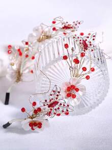 1pc Elegant Alloy Butterfly & Resin Flower Headband, Versatile Bridal Wedding Headpiece, Suitable For Daily, Holiday, Party, Prom Hair Accessory Hair Band Hair Hoop,Summer,Travel - Red - View 6